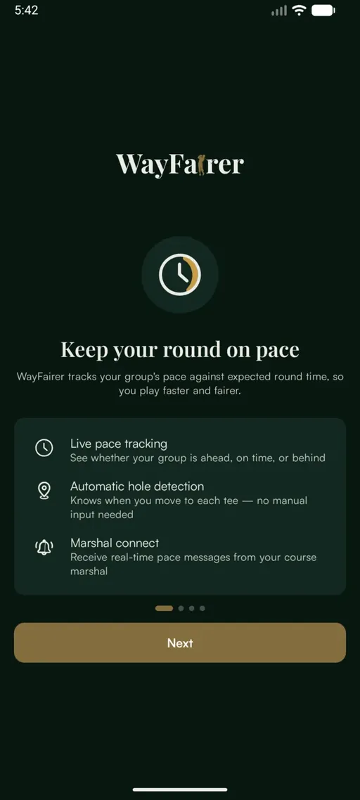 App screen headed "Keep your round on pace", listing live pace tracking, automatic hole detection and marshal connect.