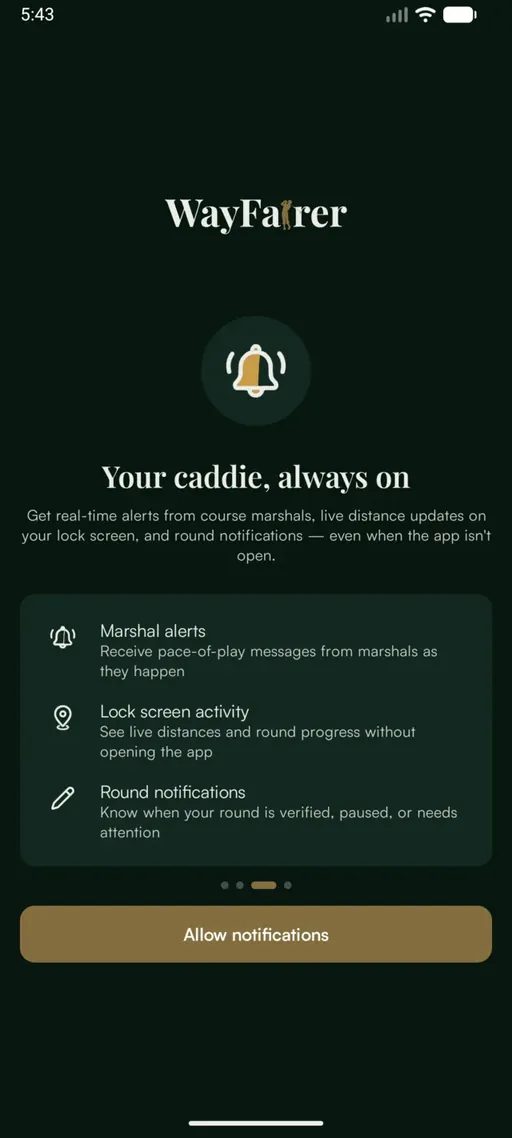 App screen headed "Your caddie, always on", listing marshal alerts, lock screen activity and round notifications, with an "Allow notifications" button.
