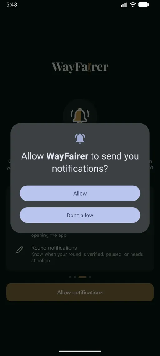 Android system dialog asking "Allow WayFairer to send you notifications?" with Allow and Don’t allow buttons.