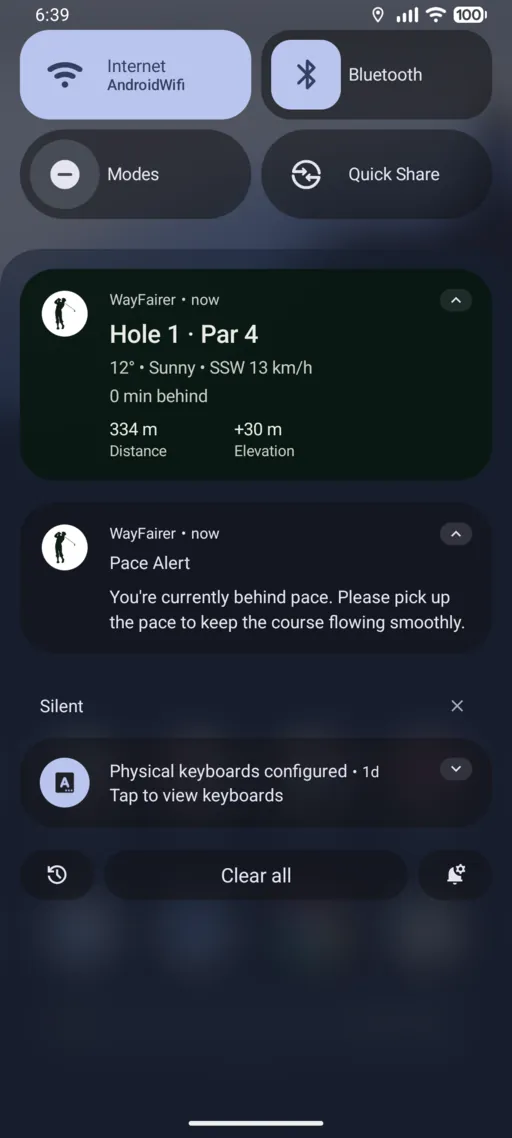 Notification shade showing a WayFairer card with hole, weather and pace, and below it a Pace Alert reading "You’re currently behind pace. Please pick up the pace to keep the course flowing smoothly."
