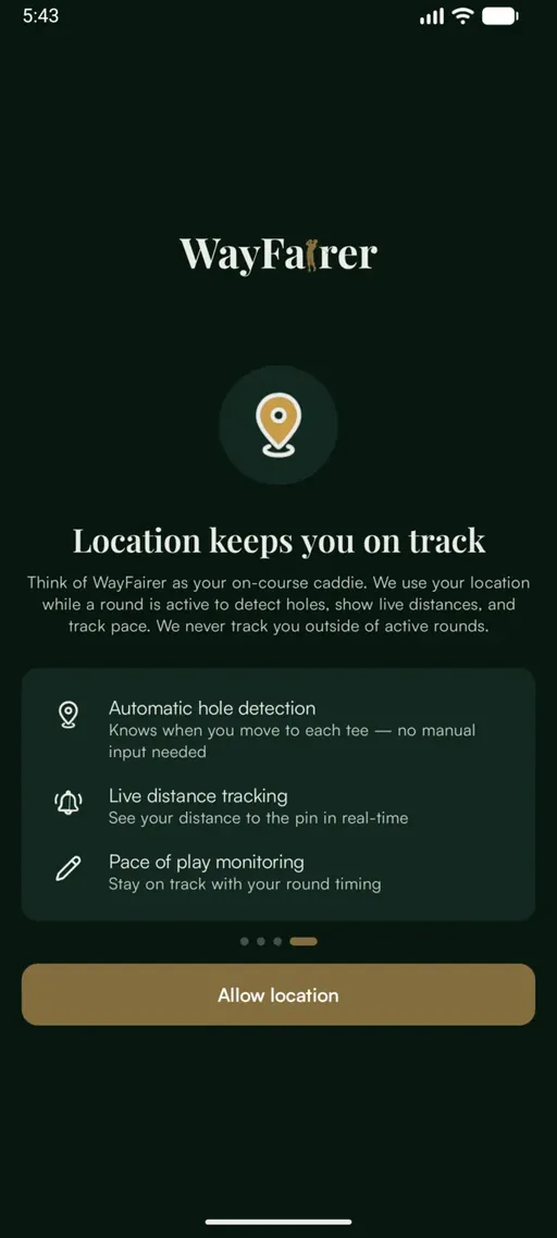 App screen headed "Location keeps you on track", listing automatic hole detection, live distance tracking and pace of play monitoring.