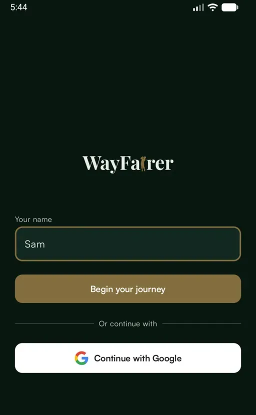 App screen with a "Your name" field containing "Sam", a "Begin your journey" button and a "Continue with Google" button.