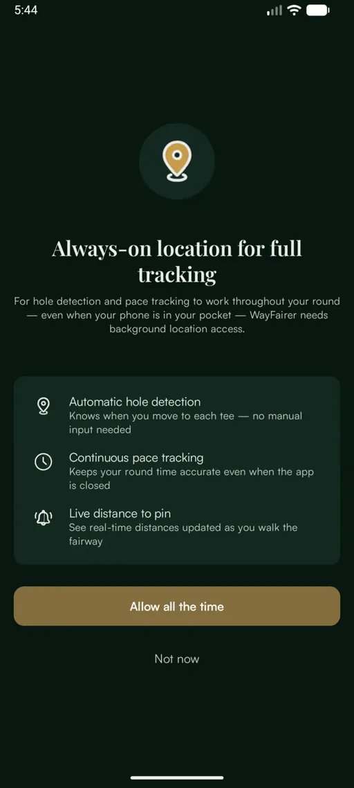 App screen headed "Always-on location for full tracking" with "Allow all the time" and "Not now" buttons.