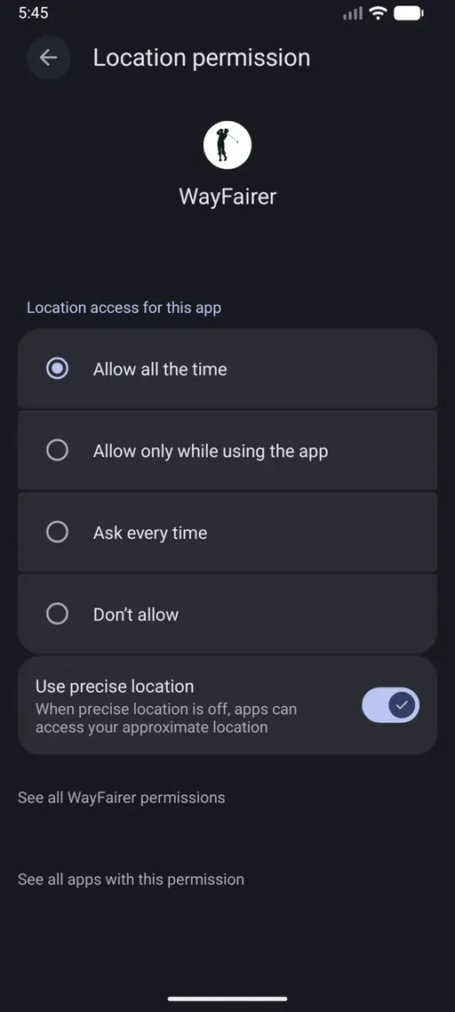 Android settings page for WayFairer location permission with "Allow all the time" selected and precise location on.