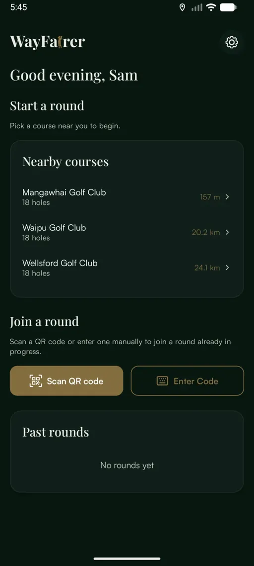 App dashboard greeting "Good evening, Sam" with a nearby courses list, join a round buttons and a past rounds card.