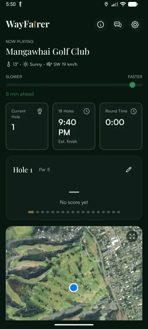 Active round dashboard showing weather, a pace slider reading "8 min ahead", current hole, estimated finish and round time.