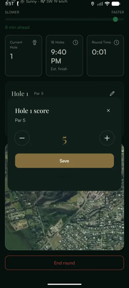 Score entry dialog for hole 1, par 5, with minus and plus buttons around the number 5 and a Save button.