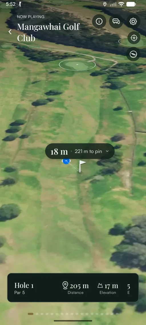 Full-screen 3D course map showing the player position, a pin, and a badge reading "18 m · 221 m to pin".
