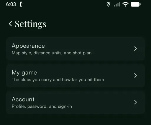 Settings screen with Appearance, My game and Account rows.