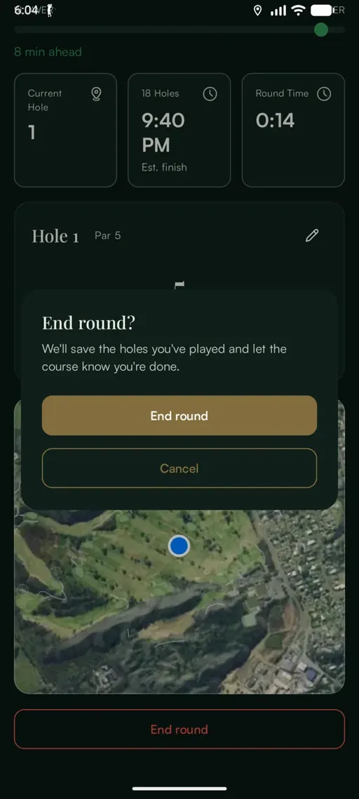 Confirmation dialog reading "End round? We’ll save the holes you’ve played and let the course know you’re done."