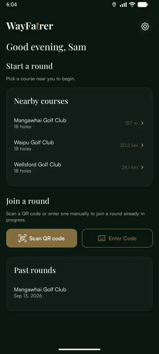 Dashboard after a round, showing the round listed under Past rounds with the course name and date.