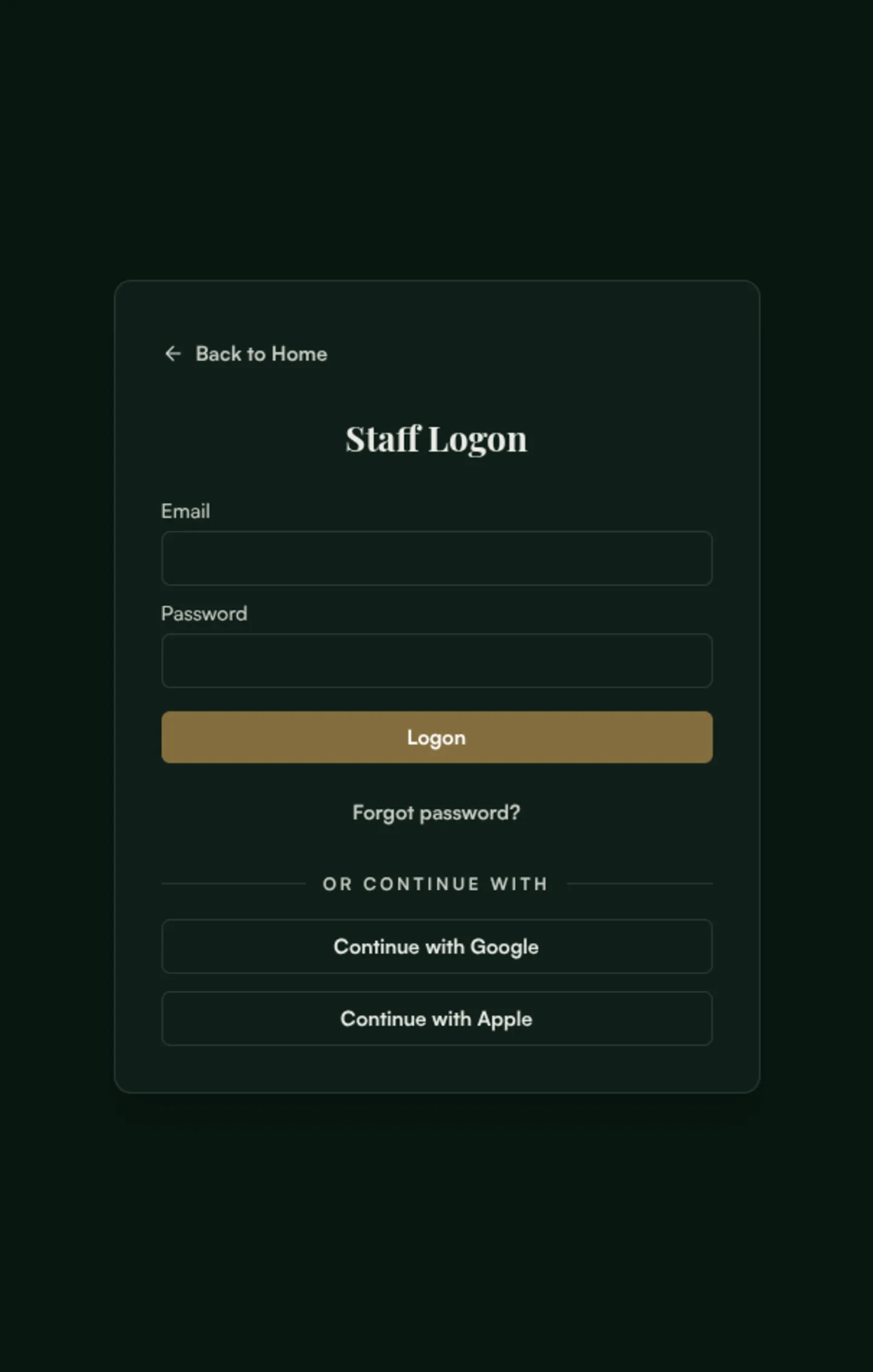 WayFairer staff logon screen with email and password fields, a Logon button, and Continue with Google and Apple options.