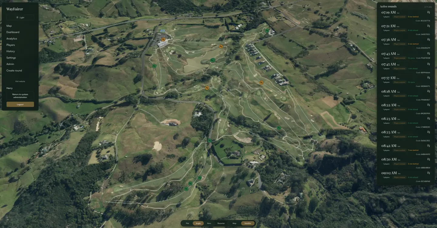 Console live map in tilted satellite view showing a full course with thirteen group markers, green for on pace and amber for behind, beside an Active rounds panel listing every round with its tee time and code.