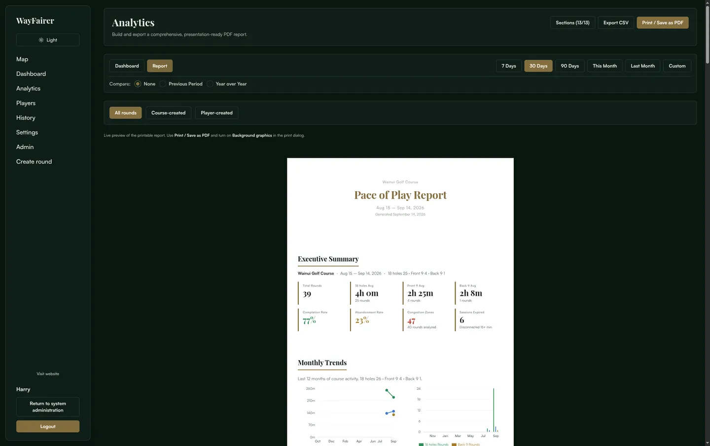 Analytics report tab showing a printable pace of play report preview with executive summary, plus Export CSV and Print / Save as PDF buttons.