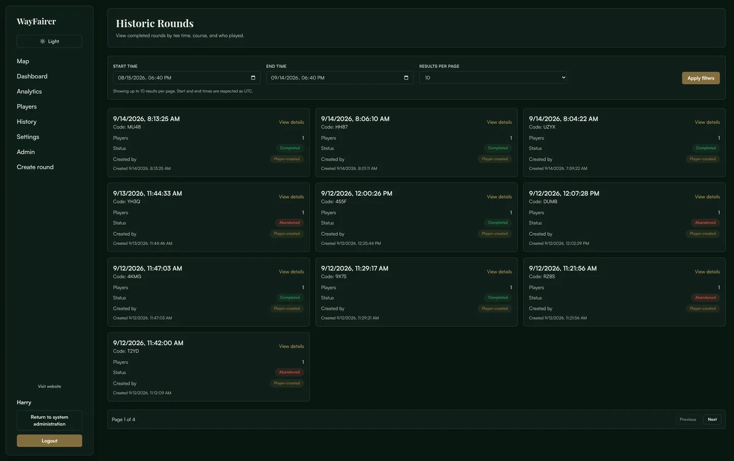 Historic Rounds page with start and end time filters and a grid of completed round cards showing date, code, players and status.