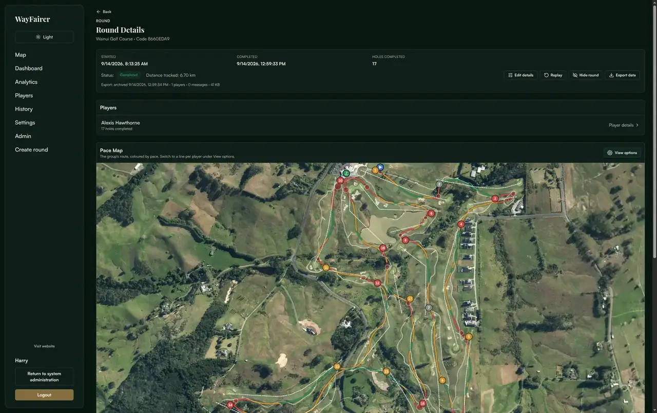 Round details page showing started and completed times, holes completed, status, the players, and a pace map of the route.