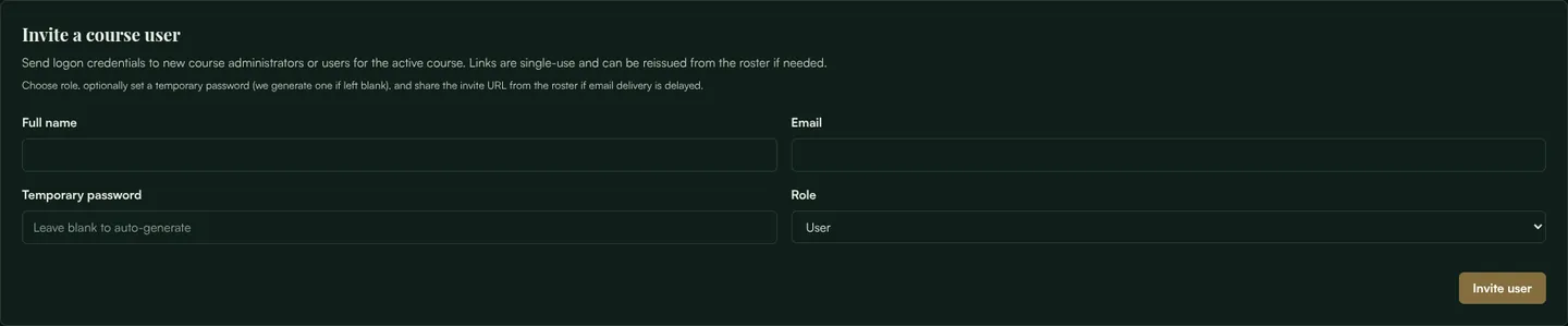 Invite a course user form with full name, email, temporary password and role fields, and an Invite user button.