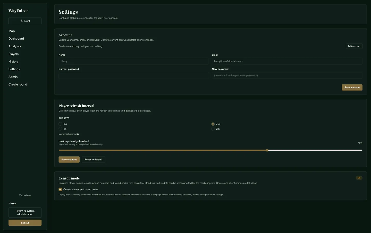 Console settings page showing account section with read-only fields and an Edit account button.