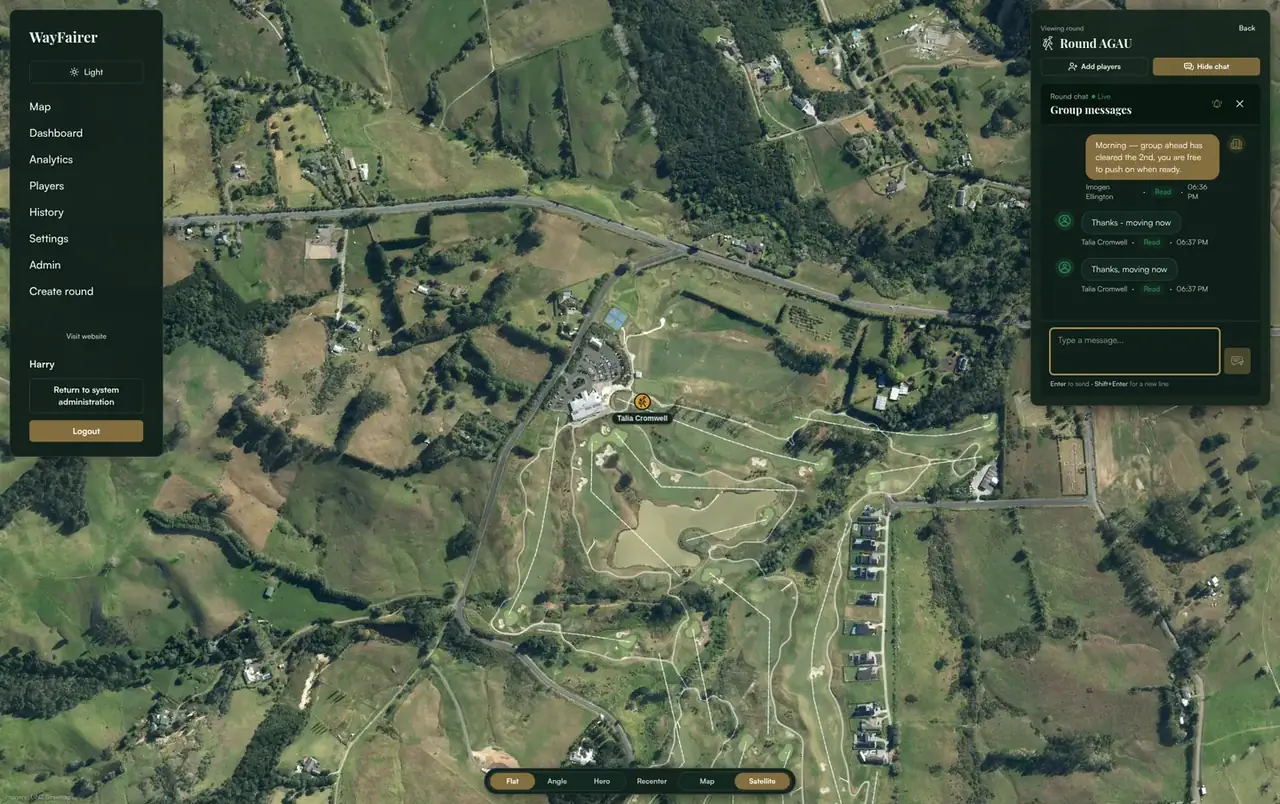 Round chat panel open beside the course map, showing a message from the course and a reply from the player, each marked Read with a timestamp.